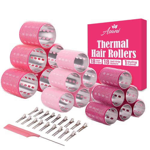 Asani Thermal Rollers for Hair - 37 Self Grip Hair Rollers with 18 Clips and Styling Comb - Aluminum Thermal Hair Rollers for Volume and All-Day Curls - For Short, Medium, and Long Hair (Large)