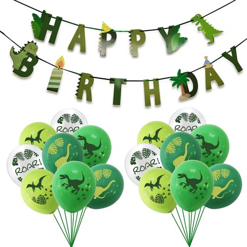 TmppDeco Dinosaur Birthday Banner and Balloons Kit - Dinosaur Happy Birthday Sign, Dinosaur Theme Party Banners