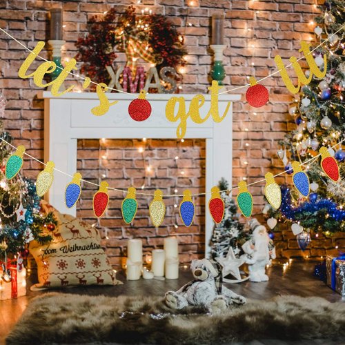 Gold Glitter Let's Get Lit Banner Christmas Holiday Party Decorations,New Years Eve Party Decor,Grinches Christmas Decorations,Ugly Christmas Sweater Party Decorations,Christmas Mantle Home Decor
