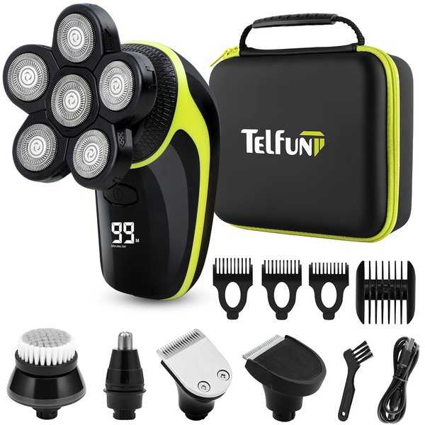 Telfun Head Shavers for Bald Men, 5-in-1 Head Electric Razor with Nose Hair Sideburns Trimmer, Waterproof Wet/Dry Mens Grooming Kit, LED Display, IPX7-Waterproof, Gifts Travel Case