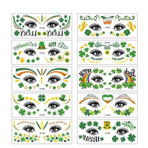 St. Patrick's Day Temporary Tattoos, 10 Set Shamrock Face Tattoo Stickers Irish Saint Patrick's Day Stickers Party Supplies Decoration Green Clover Tattoos for St. Patrick's Day Parade