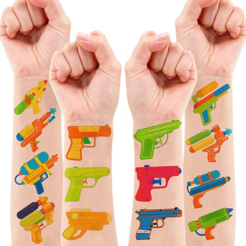 96PCS Water Squirt Gun Temporary Tattoo Stickers Pool Birthday Party Favors Decorations Supplies Decor Theme for Boys Girls School Classroom Activity Outdoor Prizes Rewards