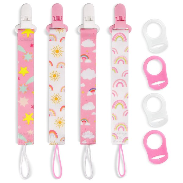 4 Pack Pacifier Clips for Boys Girls, Dummy Clips Baby with Adapters, Silicone Binky Clips for Baby Teething Toys Baby Shower (Pink+White)