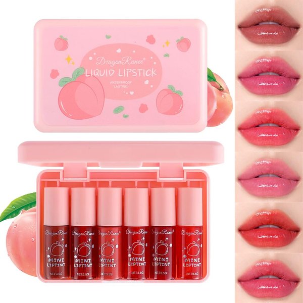 6Colors Peach Lip Tint Stain Set,Water Lip Tint Lip Stain Korean Lip Gloss Long Lasting,Plumping Mini Liquid Lipstick Natural Lip Tint,Multi-Use Lip & Cheek Tint,Non-sticky,Lightweight,Vivid Color