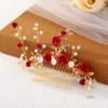 Foyte Crystal Flower Wedding Hair Comb Red Rose Headpiece Gold Hair Piece Bride Pearl Hair Accessories for Women and Girls