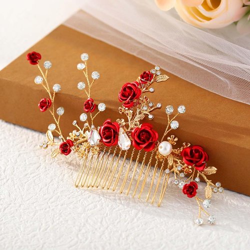 Foyte Crystal Flower Wedding Hair Comb Red Rose Headpiece Gold Hair Piece Bride Pearl Hair Accessories for Women and Girls