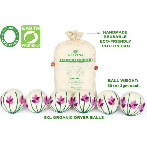 Organic Wool Dryer Balls - Lavender 6 XL Premium Quality Reusable Natural Fabric Softener, 100% Hand Made, New Zealand Merino Wool, Bunch of Lavender, Fair-Trade