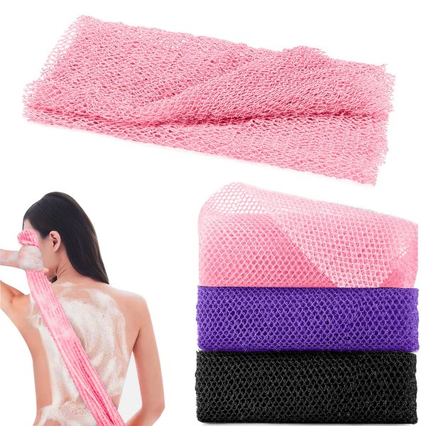 3 Pcs African Exfoliating Net Sponge - 31.5 Inch Loofah Body Scrubber Bath Sponge Back Scrubber for Shower Exfoliating Washcloth Towel Woven for Women Men Skin Smoother Daily Use (Pink,Black,Purple)