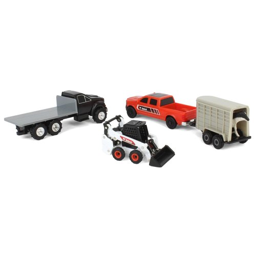 Agriculture 1/64 Bobcat 5 Piece Construction Set with Rollback, Livestock Trailer, Cow & Skid Loader 16503