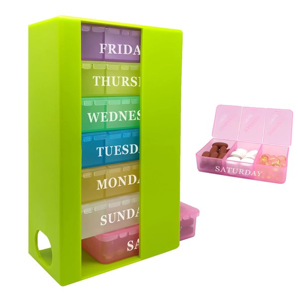 Pill Box 3 Times a Day Daily Pocket Pill Container Portable Travel Weekly Pill Organizer Stackable Pill Case for Vitamin, Fish Oils, Medication, Supplement (Green)