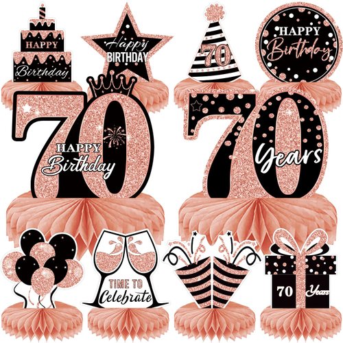 10 Pieces Rose Gold 70th Birthday Decoration,70th Birthday Centerpieces for Tables， Happy 70th Honeycomb Table Topper for Women,70th Birthday Table Sign Decor