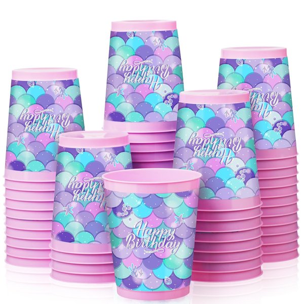 Cholemy 50 Pcs Mermaid Plastic Cups 12 oz Mermaid Birthday Party Cups Mermaid Stadium Cups Reusable Drinking Cups Tumblers Drinkware for Mermaid Party Favors Birthday Decorations Supplies