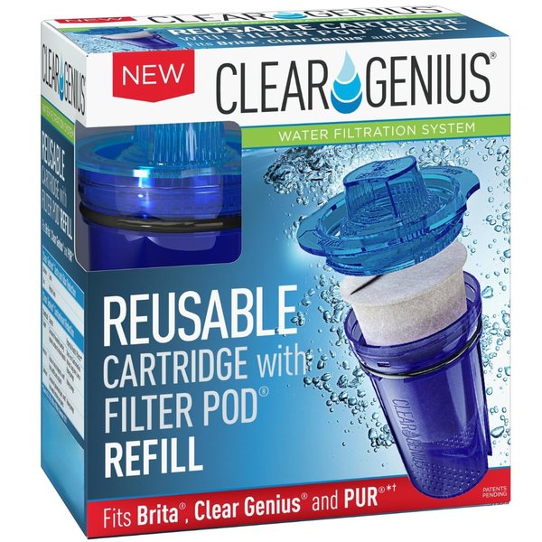 Clear Genius Reusable Cartridge with Filter Pod SU-11, Includes 1 Reusable Cartridge and 1 Filter Pod Refill, Filter Pods Last 2 Months, Blue, Fits Brita & Pur