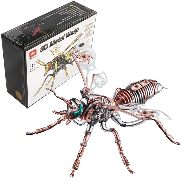 OreilleStar 3D Metal Puzzle Wasp Model Kits Mechanical Metal Puzzles for Adults Challenging DIY Assembly Building Block Rose Gold Tone with Green Eyes