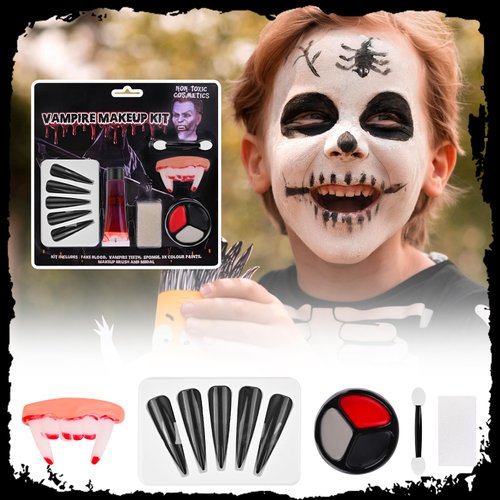 Halloween Face Painting Makeup Kit, Black Gray Red Face Paint + Vampire Fangs Teeth + Fake Blood Washable + Halloween Nails Black, SFX Face Body Paint for Zombie Cosplay, Injuries, Blood Effects