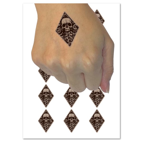 Floral Skull Damask Diamond Wallpaper Pattern Temporary Tattoo Water Resistant Fake Body Art Set Collection - 54 1" Tattoos (1 Sheet)