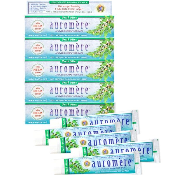 Auromere Ayurvedic Herbal Toothpaste, Fresh Mint - Vegan, Natural, Non GMO, Flouride Free, Gluten Free, with Neem & Peelu (4.16 oz), 5 Pack