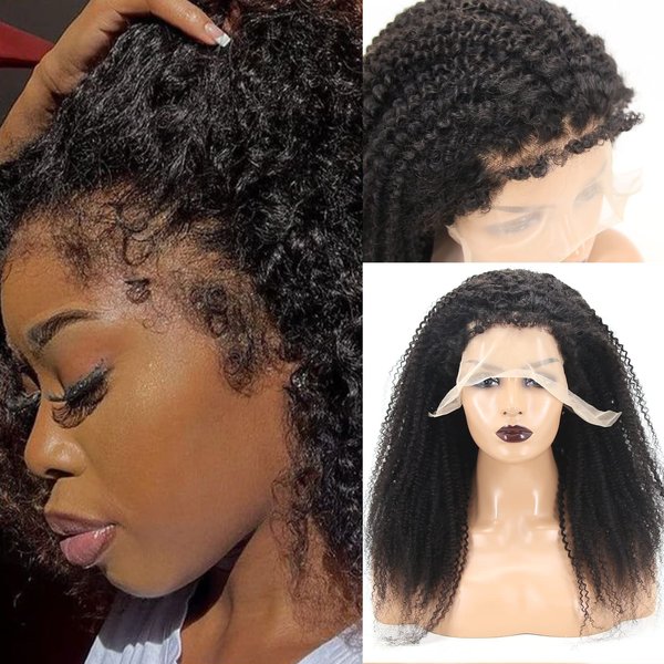 zigzag hair Afro Kinky Curly 13x6 Lace Front Wigs Human Hair for Black Women Kinky Edges Hairline 250% Density Deep Part 4B 4C Natural Hair Wig with Curly Baby Hair (Afro Curly, 18 Inch)
