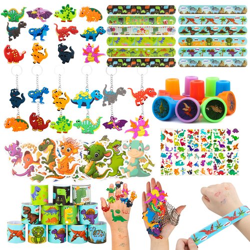 Aoocoeo 108Pcs Dinosaur Party Favors for Kids Dinosaur Party Supplies, Dinosaur Goodie Bags Fillers, Dinosaur Birthday Party Favors Included Slap Bracelet Sticker Ring Keychains Stamps