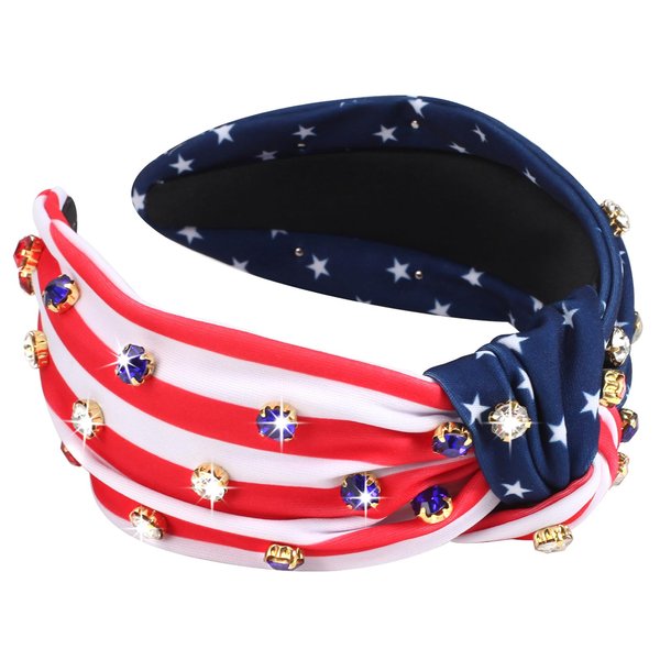 Budsmile American Flag Headbands for Women Girls Independence Day 4th of July Red White Blue Patriotic Headband USA Knotted Wide Rhinestone Hair Accessories Hair Hoops