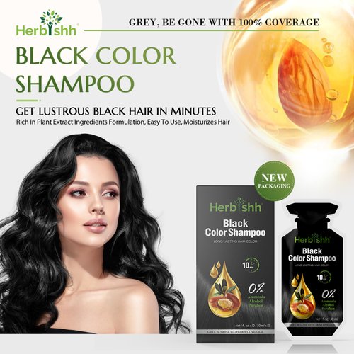 Herbishh Hair Color Shampoo 10 Sachet +1 Argan Hair Mask Pouch | 3 in 1 Hair Dye | Easy to Use | Gray Coverage | Travel Size | Available in 6 Colors | Long Lasting Hair Color | (Black)