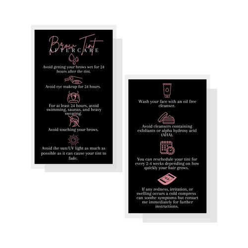 Boutique Marketing LLC Brow Tint Aftercare Card | 50 Pack | 2x3.5” inch Business Cards | Matte Black with Rosey Pink Design