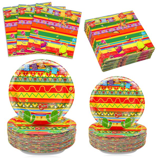 144 Pcs Fiestas Decorations for 48 Guests, Mexican Fiestas Tableware Set Fiestas Dessert Plates Napkins, Mexican Theme Party Supplies for Carnivals Event Birthday Dia De Muertos Festival