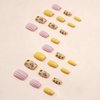 Press on Nails Short Square Fake Nails Sunflowers Glue on Nails Yellow & Light Pink Full Cover Acrylic Nails White Lines False Nails Glossy & Spring Stick on Nails for Women 24Pcs
