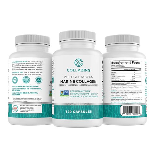C COLLAZING - Alaskan Wild-Caught Marine Collagen Peptides + Hyaluronic Acid + Vitamin C, for Beautiful Skin, Hair and Nails, 120 Capsules