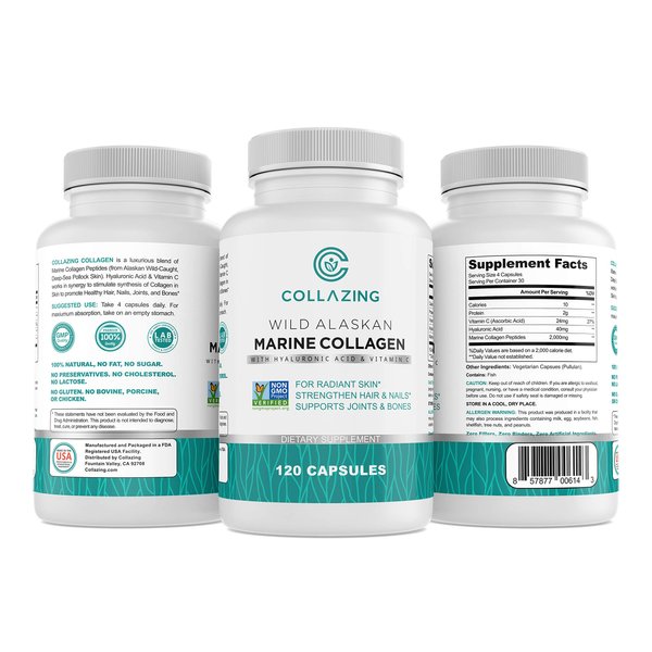 C COLLAZING - Alaskan Wild-Caught Marine Collagen Peptides + Hyaluronic Acid + Vitamin C, for Beautiful Skin, Hair and Nails, 120 Capsules