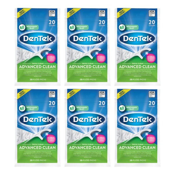 DenTek Triple Clean Advanced Clean Floss Picks, No Break & No Shred Floss, 20 Count, 6 Pack