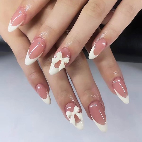 Short Press on Nails Almond MABKJLF French Tip Fake Nails Nude Full Cover Bow Charm False Nails with Designs Glossy Glue on Nails Petite Cute Acrylic Nails Artificial Nails for Women Girls 24Pcs