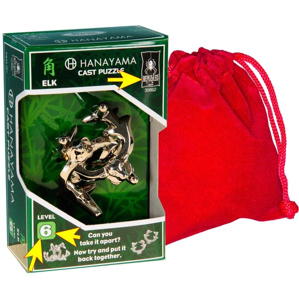 ELK Hanayama Brain Teaser, Level 6, with RED Velveteen Drawstring Pouch - Bundled Item