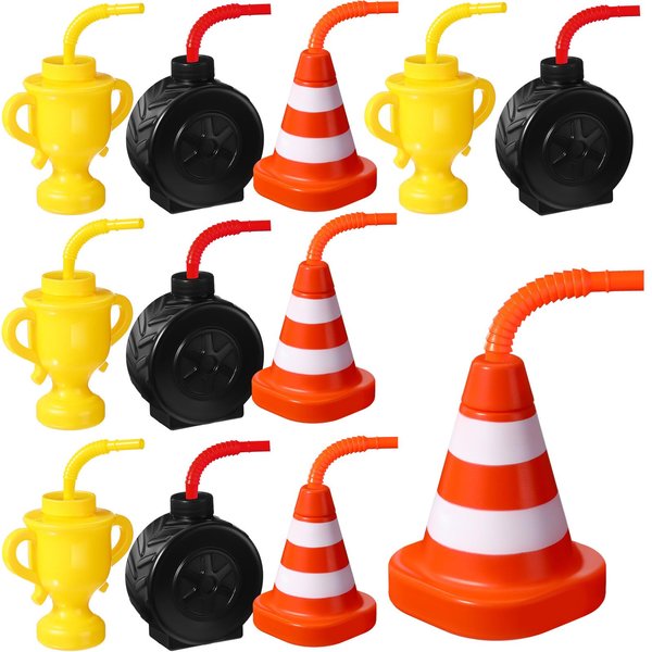 Mifoci 12 Pack Race Car Cups with Straws Plastic Traffic Cone Cups Tire Cups with Straws for Kids Yellow Trophy Cups Construction Party Supplies for Racing Car Construction Birthday Party Decoration