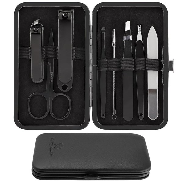 Manicure Set 8pcs Professional Nail Clippers Kit Pedicure Care Tools-Stainless Steel Grooming Tools for Travel (Black)
