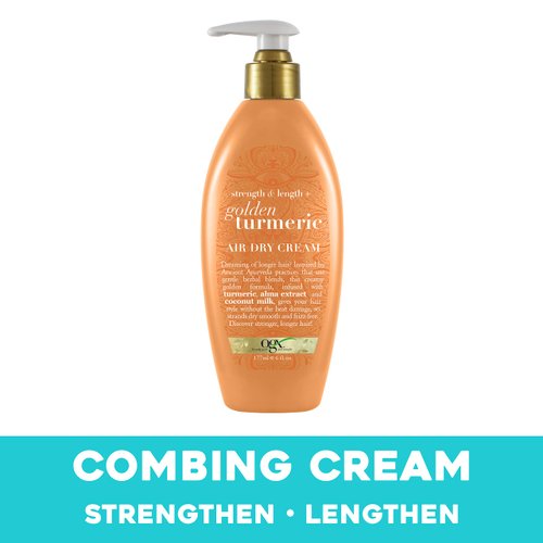 OGX Strength & Length + Golden Turmeric Anti-Frizz Air Dry Hair Cream with Coconut Milk to Nourish Hair, Leave-In Moisturizing Hair Treatment to Smooth Frizzy Hair, 6 oz