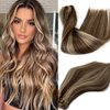 Blonde Highlights Sew in Human Hair Extensions Full Head Weft Extensions 22 Inch 120gram Thick End Sew in Weft Hair Silky Straight Brown with Blonde Highlight Remy Hair Balayage Bundles for Women