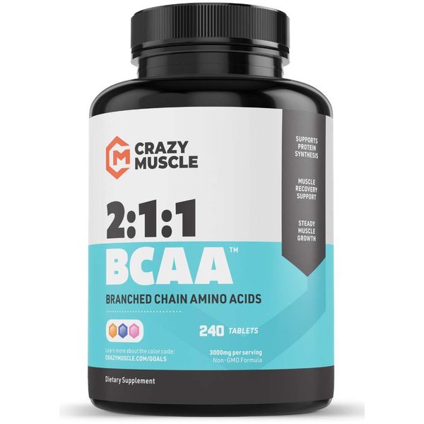 Crazy Muscle 3000mg BCAA Pills (2 Month Supply) with The Optimum 2:1:1 Ratio of Branched Chain Amino Acids for Recovery and Growth - 1000mg BCAAs per Pill (More Than BCAA Capsules) - 240 Tablets