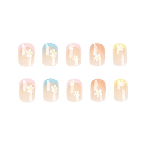 RikView French Tip Press on Nails Short Fake Nails with Flowers Design Colorful Nails Clear Press on Nails Square Acrylic Nails