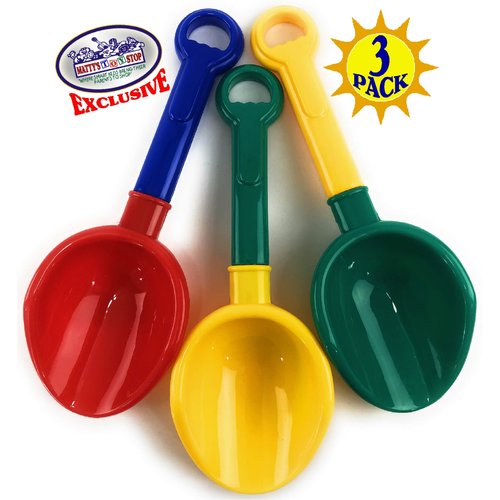 Matty's Toy Stop 10.5" Kids Multi-Color Sand Scoop Plastic Shovels for Sand & Beach (Red/Blue, Yellow/Green & Green/Yellow) Complete Gift Set Bundle - 3 Pack