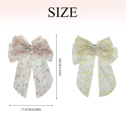 2 PACK Floral Hair Bows Clips for Women Girls,Big Pearl Hair Bow Clip with Tail, Flower Bowknot Hair Barrettes Apricot Ribbon Hair Accessories for Hair Bride Wedding