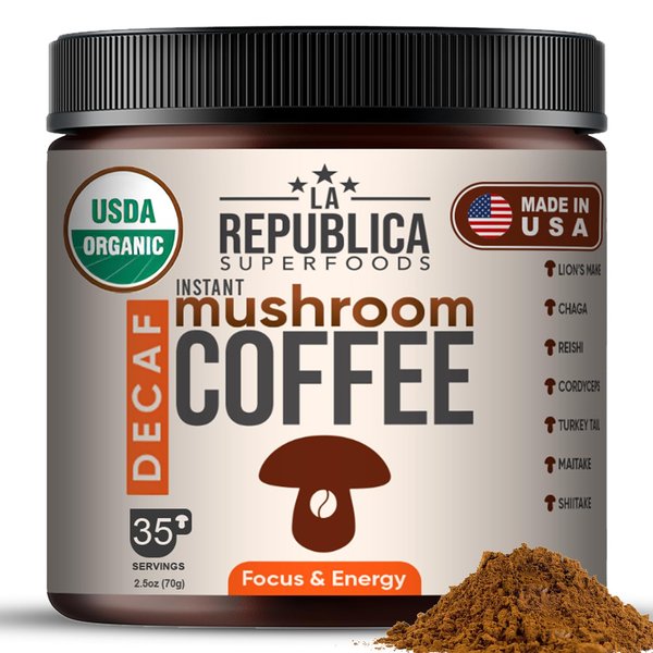 La Republica Organic Decaf Mushroom Coffee with 7 Superfood Mushrooms, Water-Processed Instant Coffee Mix with Lion's Mane, Reishi, Chaga, Cordyceps, Shiitake, Maitake, and Turkey Tail (Regular)
