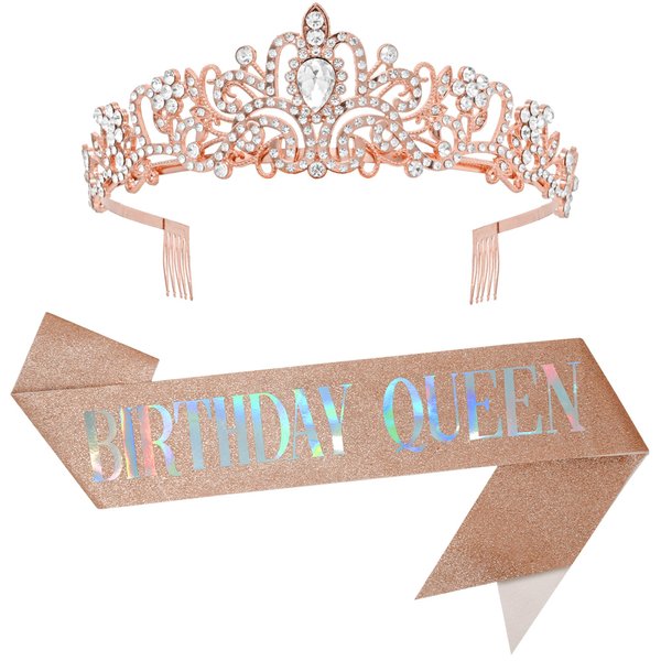 KatchOn, Rose Gold Happy Birthday Sash and Tiara - Silver Rhinestone Tiara Set | Birthday Crown and Sash for Women | Glitter Crystal Hair Accessory for Queen's Birthday | Women Birthday Decoration