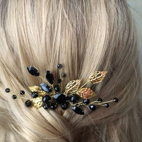 Aimimier Bridal Black Crystal Hair Comb Gold Leaf Headpiece Wedding Hair Accessories for Women and Girls (Black)