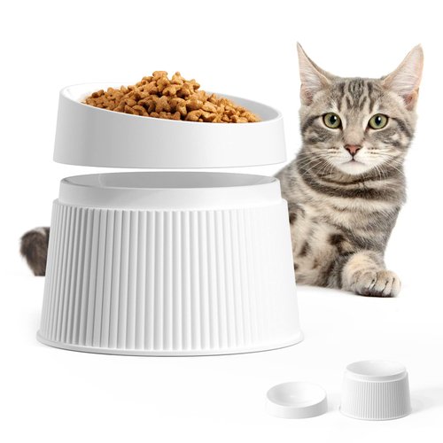 uahpet Elevated Cat Food Bowl Super Widen Raised Cat Food Dishes for Protecting Spine, Reliefing Whisker Fatigue, Anti-Vomiting 17° Tilted Pet Feeding Bowls with Silicone Mat for Indoor Cats