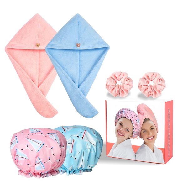 RosyReeds Hair Care & Accessories: 2PCS Microfiber Hair Towel Wrap, Super Absorbent for Women Curly Long Hair Drying; 2PCS Shower Cap Reusable Waterproof, Dual Layer; 8PCS Satin Scrunchies & Hair Ties
