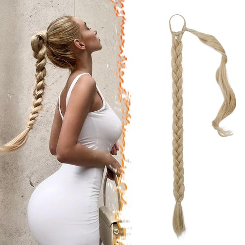 BARSDAR 26 Inch Long Braided Ponytail Extension with Hair Tie - Straight Sleek Wrap Around Blonde Braided Ponytail Hair Extensions - Synthetic Pony Tails Hairpieces for Women - Blonde Mixed