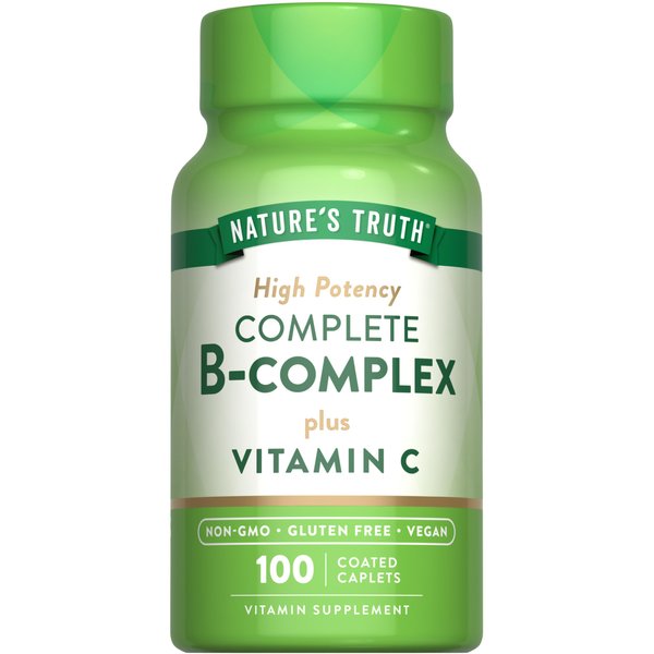 Nature's Truth Vitamin B Complex Plus Vitamin C | 100 Caplets | Vegan, Non-GMO & Gluten Free Supplement