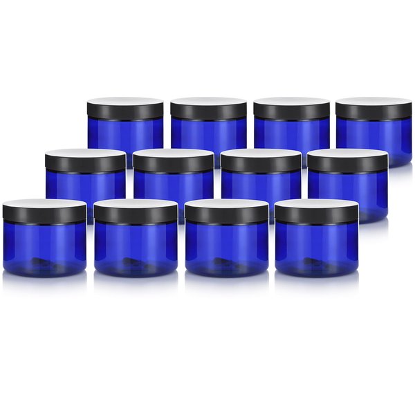 JUVITUS 6 oz Cobalt Blue (BPA Free) PET Plastic Jar with Black Lid (12 pack) Refillable Empty Storage Containers