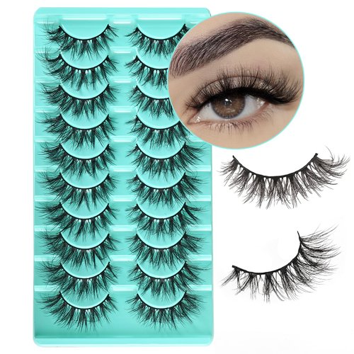 APCYUST Mink Lashes Wispy Natural Eyelashes Cat Eye Wispies Fake Eyelash 10 Pairs Fluffy Lash Strips Natural Looking Short Strip Pestañas with Soft Band for Everyday Makeup